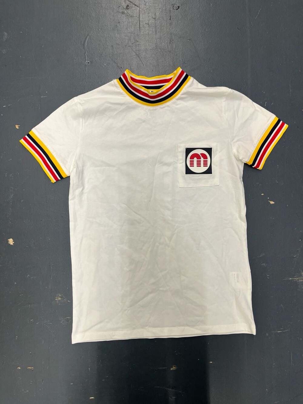 Miu Miu White Cotton T-Shirt with Striped Trim and Patch Pocket
